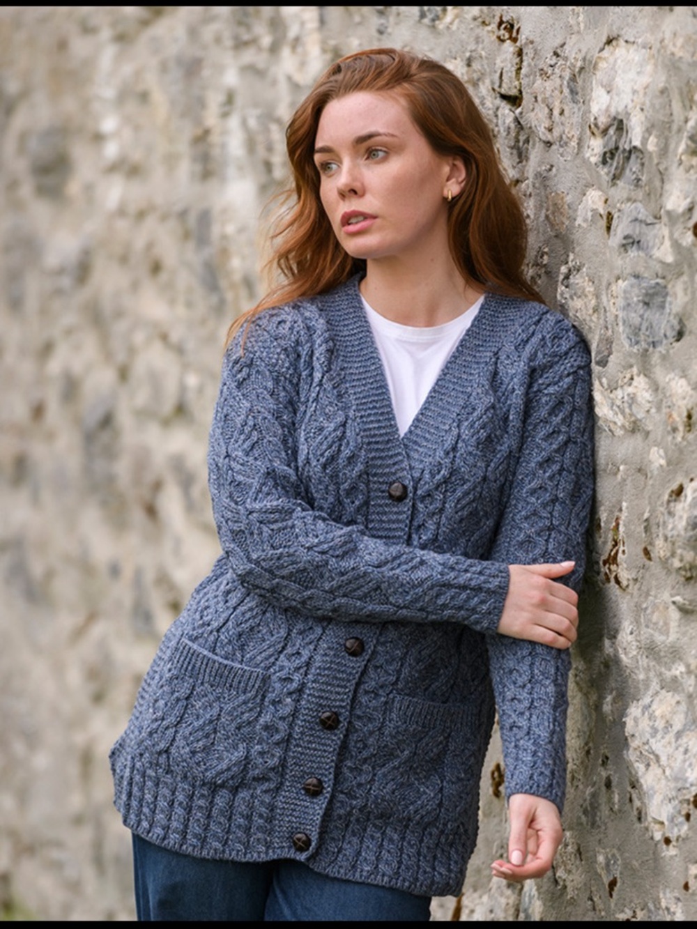 Aran Merino Wool Cable Knit Cardigan Blue Ireland Cozy Sweater